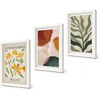 Coloray 3-Delige Schilderij Set - Bloemmotieven met abstracte vormen en bladeren - 20x30 - Muurdecoratie - Interieur Decoratie - Wanddecoratie