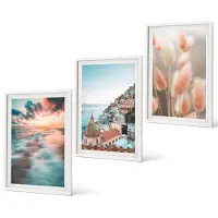 Coloray 3-Delige Schilderij Set - Uitzicht Op Zee, Zonsondergang, Kleurrijke Huizen, Bloemen - 40 x 60 - Decoratieve Schilderijen - Wanddecoratie - Hal - Moderne Wanddecoratie