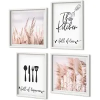 Coloray 4-Delige Schilderij Set - Keukenbelettering Delicate Boho Grassen - 40 x 40 En 40 x 60 - Muurdecoratie - Interieur Decoratie - Wanddecoratie