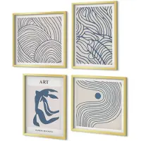 Coloray 4-Delige Schilderij Set - Abstracte lijnen in tinten blauw en beige. - 40 x 40 cm en 40 x 60 cm - Wanddecoratie - Woonkamer Decoratie - Muurdecoratie
