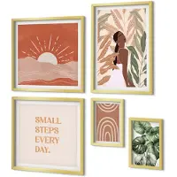 Coloray 5-Delige Schilderij Set - Boho-Stijl Met Een Plantenmotief En Positieve Slogans. - 50 x 50 cm, 20 x 30 cm En 40 x 60 cm - Decoratieve Schilderijen - Wanddecoratie - Hal