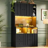 MODFU Keukenmeubel 180 cm met LED-vitrine, hoge kast met stopcontact en wijnrek, keukenrek met koffiebar, zwart
