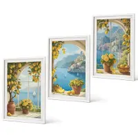 Coloray 3-Delige Schilderij Set - Zeegezichten met Italiaanse citroenen in de ramen. - 40x60 - Muurdecoratie - Schilderijen Set - Woonkamer - Moderne Wanddecoratie