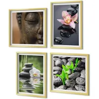 Coloray 4-Delige Schilderij Set - Vredige Zen-compositie van stenen met bloemen en Boeddha - 40 x 40 cm en 40 x 60 cm - Stijlvolle Wanddecoratie - Interieur - Muurdecoratie