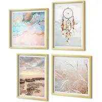 Coloray 4-Delige Schilderij Set - Zeezicht met wolken, dromenvanger en gras - 40 x 40 cm en 40 x 60 cm - Wanddecoratie - Muurdecoratie - Moderne Interieurdecoratie - Stijlvolle Muurdecoratie