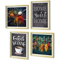 Coloray 4-Delige Schilderij Set - Kruidenkoffie met een kopje, keukenkruiden, specerijen - 40 x 40 cm en 40 x 60 cm - Wanddecoratie - Moderne Interieurdecoratie - Muurdecoratie