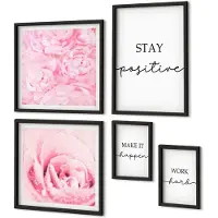 Coloray 4-Delige Schilderij Set - Motiverende teksten met roze bloemen voor interieurdecoratie - 50 x 50 cm, 20 x 30 cm en 40 x 60 cm - Moderne Wanddecoratie - Slaapkamer - Woonkamer Decoratie