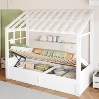 MODFU Kinderbed 90x200, huisbed met hydraulische opbergruimte en opbergvakken, tienerbed frame met slaapgedeelte, wit (zonder matras)