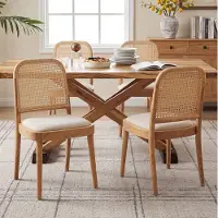 STILVORA Set Van 2 Eetkamerstoelen - Rotan Rugleuning En Gestoffeerde Zitting - Comfortabel En Ademend - Voor Eetkamer Woonkamer En Café - Hout - Houtkleur