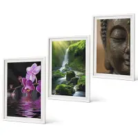 Coloray 3-Delige Schilderij Set - Bloemen in het water, waterval met groene rotsen, Boeddha - 40x60 - Muurdecoratie - Schilderijen Set - Woonkamer - Woonkamer Decoratie