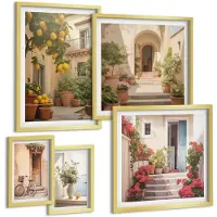 Tulup 5-Delige Schilderij Set - Sfeervolle straten met bloemen en citrusbomen in Provençaalse stijl. - 50 x 50 cm, 20 x 30 cm en 40 x 60 cm - Stijlvolle Muurdecoratie - Kantoor