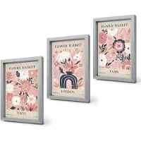 Coloray 4-Delige Schilderij Set - Bloemmotieven in Tokio, Londen en Parijs - 20 x 30 cm - Wanddecoratie - Woonkamer Decoratie - Stijlvolle Muurdecoratie