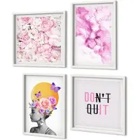 Coloray 4-Delige Schilderij Set - Inspirerende Inscriptie, Bloemen, Abstract Portret Van Een Vrouw - 40 x 40 En 40 x 60 - Muurdecoratie - Wanddecoratie - Hal - Interieur Decoratie