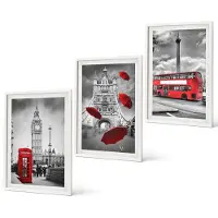 Coloray 3-Delige Schilderij Set - Uitzicht op Londen met een rode paraplu en een bus. - 40x60 - Moderne Wanddecoratie - Woonkamer - Muurdecoratie