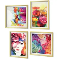 Coloray 4-Delige Schilderij Set - Bloemen in intense kleuren Portret van een vrouw Abstract - 40 x 40 cm en 40 x 60 cm - Moderne Wanddecoratie - Slaapkamer - Muurdecoratie
