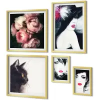 Coloray 5-Delige Schilderij Set - Stijlvolle portretten van vrouwen met rozen en een kat - 50 x 50 cm, 20 x 30 cm en 40 x 60 cm - Muurdecoratie - Decoratieve Schilderijen - Wohnzimmer - Wanddecoratie