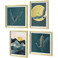 Coloray 4-Delige Schilderij Set - Vogels, kraanvogels in vlucht, maan, sterren en berglandschap - 40 x 40 cm en 40 x 60 cm - Muurdecoratie - Wanddecoratie - Hal - Decoratieve Schilderijen