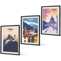 Coloray 4-Delige Schilderij Set - Bergen en architectuur, retro, kleurrijke illustraties - 40 x 60 cm - Wanddecoratie - Muurdecoratie - Moderne Interieurdecoratie - Moderne Wanddecoratie