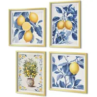 Coloray 4-Delige Schilderij Set - Citroenen aan takken met blauwe bladeren. - 40 x 40 cm en 40 x 60 cm - Wanddecoratie - Muurdecoratie - Moderne Interieurdecoratie