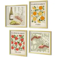 Coloray 4-Delige Schilderij Set - Bloemenposters en wijn Milaan Parijs - 40 x 40 cm en 40 x 60 cm - Muurdecoratie - Wanddecoratie - Slaapkamer