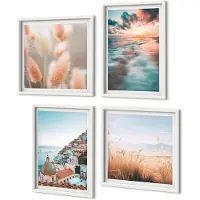 Coloray 4-Delige Schilderij Set - Uitzicht Op Zee, Zonsondergang, Kleurrijke Huizen, Bloemen - 40 x 40 En 40 x 60 - Wanddecoratie - Schilderijen Set - Interieur - Moderne Wanddecoratie
