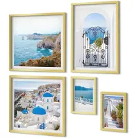Coloray 5-Delige Schilderij Set - Uitzicht op Santorini: de blauwe zee en de witte huizen. - 50 x 50 cm, 20 x 30 cm en 40 x 60 cm - Decoratieve Schilderijen - Wanddecoratie - Hal
