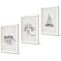 Coloray 3-Delige Schilderij Set - Uitzicht op het water, een huis dat proost met glazen en een zeilboot. - 20x30 - Decoratieve Schilderijen - Woonkamer - Interieur - Muurdecoratie