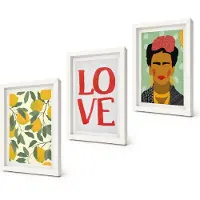 Coloray 3-Delige Schilderij Set - Citroenen Liefde Lettering Geschilderd Portret van Frida Kahlo - 20x30 - Stijlvolle Wanddecoratie - Interieur - Moderne Wanddecoratie