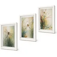 Coloray 3-Delige Schilderij Set - Geschilderd gras met libellen boven het water. - 20x30 - Decoratieve Schilderijen - Wanddecoratie - Hal - Woonkamer Decoratie