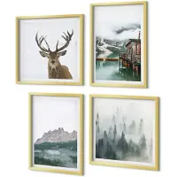 Coloray 4-Delige Schilderij Set - Bergen, meer, hertenhuisje en mist in het bos - 40 x 40 cm en 40 x 60 cm - Wanddecoratie - Woonkamer Decoratie - Interieur Decoratie