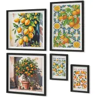 Coloray 5-Delige Schilderij Set - Citrusinspiratie Met Fruit En Bloemen In Een Vintage Stijl - 50 x 50 cm, 20 x 30 cm En 40 x 60 cm - Wanddecoratie - Muurdecoratie - Woonkamer - Woonkamer Decoratie