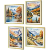 Coloray 4-Delige Schilderij Set - Berglandschap met een rivier en herfstbomen - 40 x 40 cm en 40 x 60 cm - Wanddecoratie - Muurdecoratie - Woonkamer - Moderne Wanddecoratie