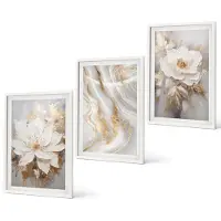 Coloray 3-Delige Schilderij Set - Bloemen en abstract marmerpatroon - 40x60 - Stijlvolle Wanddecoratie - Interieur - Muurdecoratie