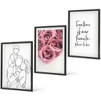 Coloray 4-Delige Schilderij Set - Familie Lineart Rozenboeketten Inscriptie Thuis - 40 x 60 cm - Stijlvolle Muurdecoratie - Kantoor - Interieur Decoratie