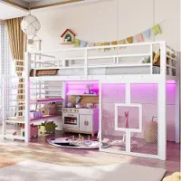 STILVORA Hoogslaper 90x200 cm – Met Trap, Opbergruimte En LED – Vensterdesign Voor Kinderkamer – Metaal En MDF – Wit – Zonder Matras