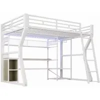STILVORA Hoogslaper 140x200 cm – Met Lichtstrip En Stopcontact – Met Bureau En Opbergvakken – Zonder Matras – Metaal En MDF – Wit
