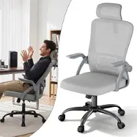 XMTECH Ergonomische bureaustoel, netstof, grijs, met 4D hoofdsteun, lendensteun, 105° kantelfunctie, inklapbare armleuningen, draagvermogen 120 kg, ideaal voor thuiswerken