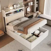 Merax hydraulisch verstelbaar houten bed, 90x200 cm, met opbergruimte, hydraulische liftmechanisme, bedframe met USB-poorten en gestoffeerd hoofdeinde, tweepersoonsbed, wit