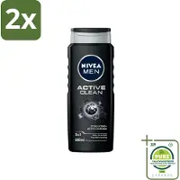 Nivea MEN - Douchegel - Active Clean - 500 ml - Voordeelverpakking - 2 stuks - Douchegel mannen - Actief houtskool