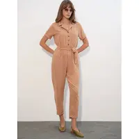 Big Dart Effen Geweven Jumpsuit met Kraag en Strikdetail
