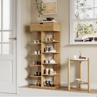 OKWISH Schoenenkast Open Schoenrek Met Lade En 10 Vakken 55 X 33 X 133 Cm Spaanplaat Naturel Voor Hal En Entree Modern Staand Rek