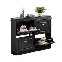 Famanu – Schoenenkast met 4 kleppen, schoenenrek met 8 planken, schoenenmeubel voor entree, zwart, 105 x 82 x 24 cm
