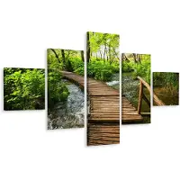 Karo-art Schilderij - Houten pad door het bos, 5luik, premium print