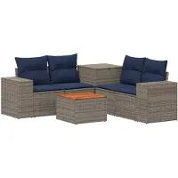 vidaXL Bankstel 6 st Grijs en Marineblauw Poly Rattan en Staal