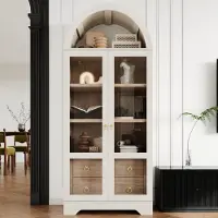 OKWISH Keukenkast Hoog Wit Met Transparante Glazen Deuren Verstelbare Planken En Lades Voor Eetkamer Woonkamer En Keuken 76,2x40,1x180 cm