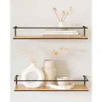 Famanu – Wandplanken set van 2 stuks, zwevende planken van metaal en echt houtfineer, geschikt voor badkamer, keuken, woonkamer en slaapkamer, eiken kleur