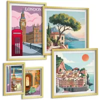 Tulup 5-Delige Schilderij Set - Europese steden: iconen van cultuur en architectuur - 50 x 50 cm, 20 x 30 cm en 40 x 60 cm - Muurdecoratie - Wanddecoratie - Slaapkamer - Moderne Wanddecoratie