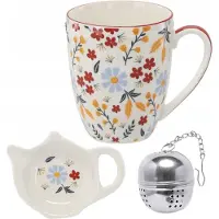 SIA Home Porseleinen Mok met Onderzetter en Zeef - 350ml - Zomer Collectie