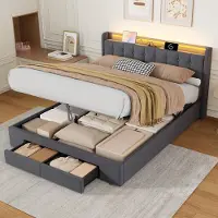HAUSS SPOLE Gestoffeerd bed 160 x 200 cm met opbergruimte, lades, USB-poort en sfeerverlichting - Donkergrijs