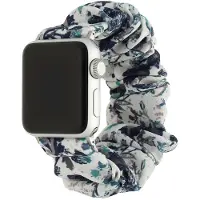123Watches bandje Savara - scrunchie - nylon - wit met bladeren - 44 · 45 · 46 & 49 mm · S/M - Geschikt voor Apple Watch series 1/2/3/4/5/6/7/8/9/10/11/12/SE/SE2/SE3/Ultra/Ultra 2/Ultra 3/Ultra 4